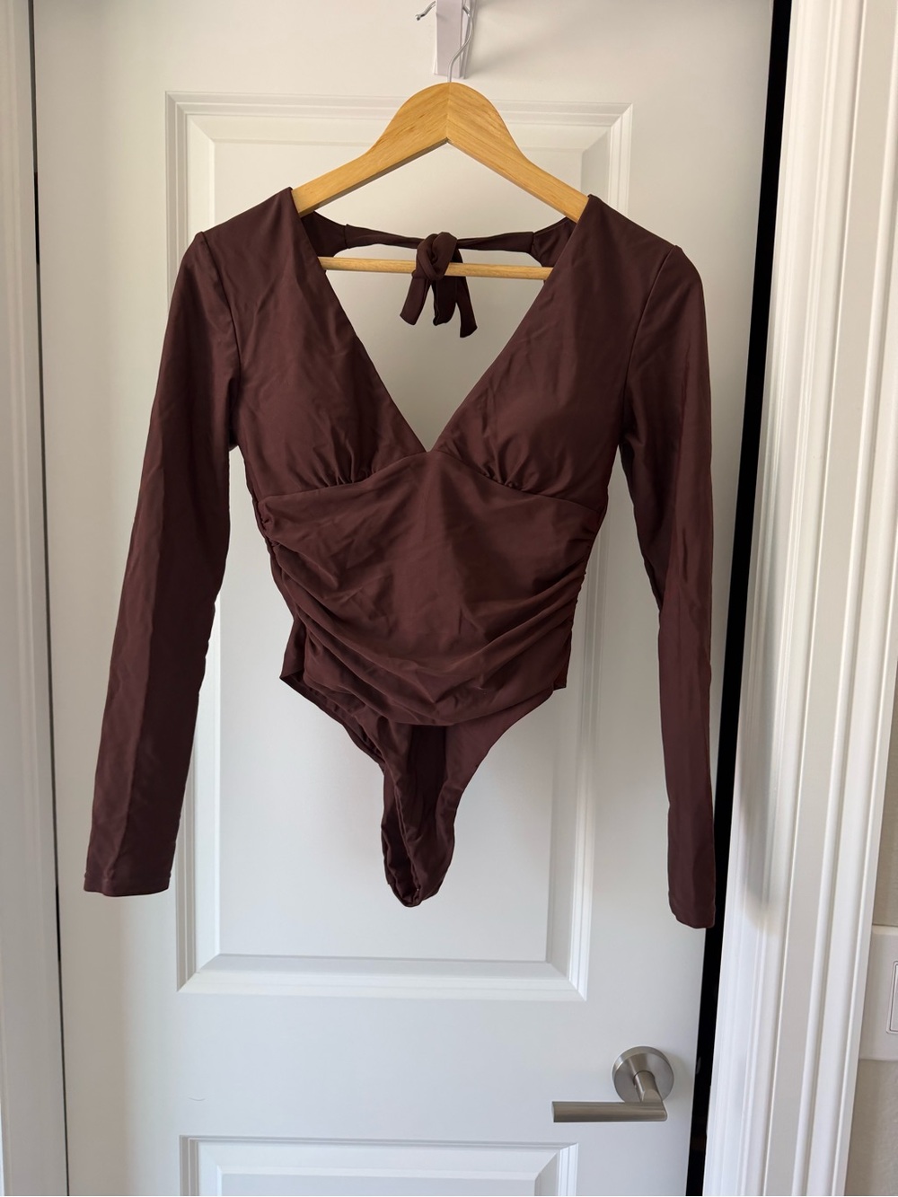 Ruched Deep V Brown Long Sleeve Bodysuit